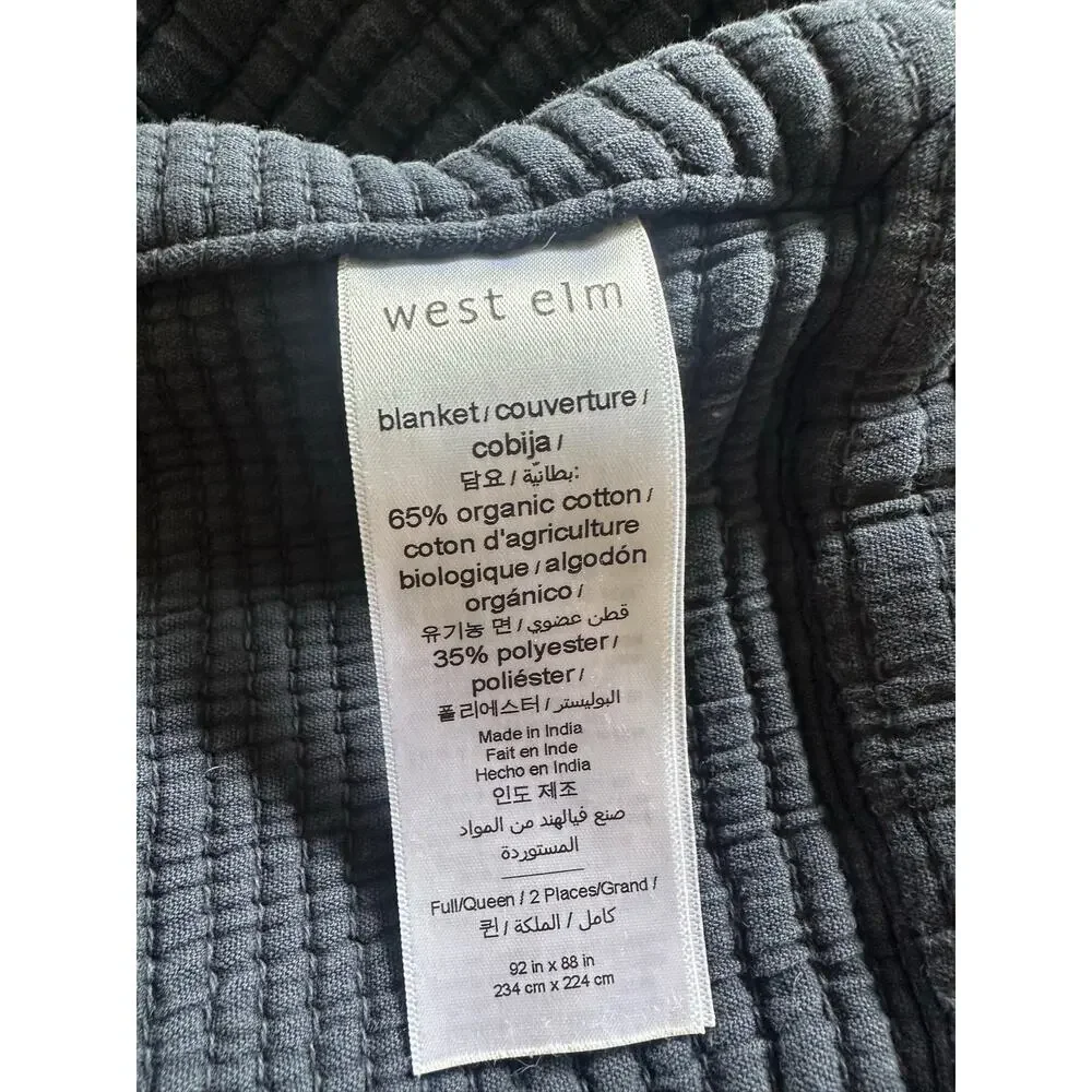 West Elm Organic Cotton Crinkle Quilt Coverlet Full Queen Slate Blue 92x88